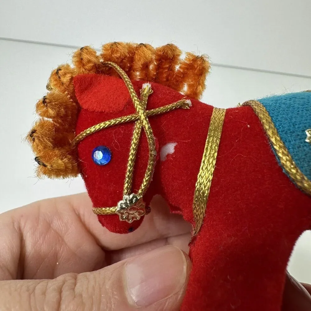 2 Vtg Rocking Horse Flocked Christmas Ornaments Kitschy Red Pink Pipe Cleaner 4
